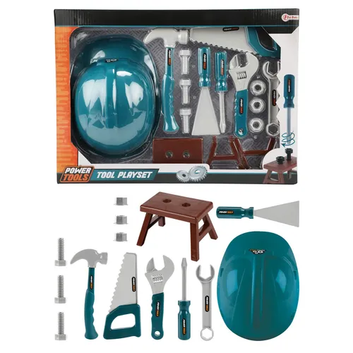 Toi Toys Power Tools Werkzeugset mit Bauhelm – 14-teiliges Kinderwerkzeug
