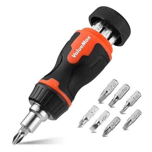 ValueMax Stubby Ratschenschraubendreher, 7 Magnetische Bits | PH1/2/3, T15/25, SL5/6, Magnetische Spitze, Kurzes Design, für Enge Räume