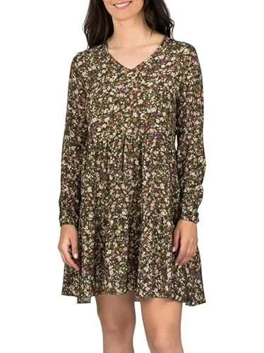 DENIMFY A Linien Kleid Damen DFIda Midikleid Kleider Strandkleid Sommerkleid Sommer Blumenmuster Elegant Langarm Knielang V-Ausschnitt, Größe:L/XL, Farben:Mille Fleurs Washed Olive