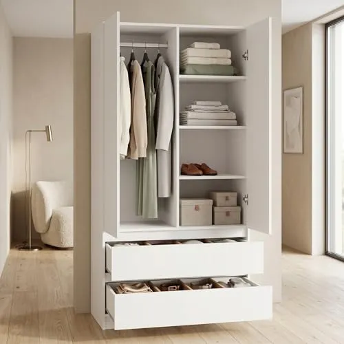 Happy Babies Kleiderschrank Zweifarbig 90 cm Anthrazit/Weiß | Moderner Drehtürenschrank mit 2 Schubladen