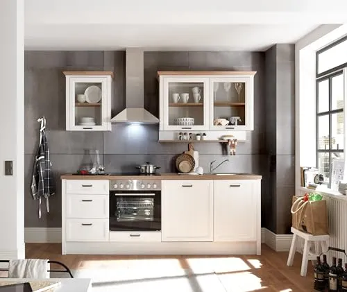 JASMIN Moderne Küchenzeile im Landhausstil - 235 x 216,5 x 60 cm - Entdecken Sie die JASMIN Küchenzeile in hellem Pinie-Design mit Artisan Eiche Optik. Praktische Schubkästen und eine großzügige Arbeitsfläche bieten Komfort und Stil für Ihre Küche.
