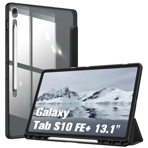 Fintie Hybrid Hülle für Samsung Galaxy Tab S10 FE+ Plus 13.1 Zoll Tablet mit Stifthalter - Stoßfeste Schutzhülle mit Transparenter Hartschale auf der Rückseite, Schwarz