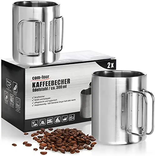 com-four® 2x Edelstahl-Kaffeebecher - 300 ml je Tasse - Thermo-Trinkbecher aus rostfreiem Edelstahl 304 mit Klapphenkel - doppelwandige Isolierbecher - BPA-frei (silberfarben - 300ml - 2 Stück)