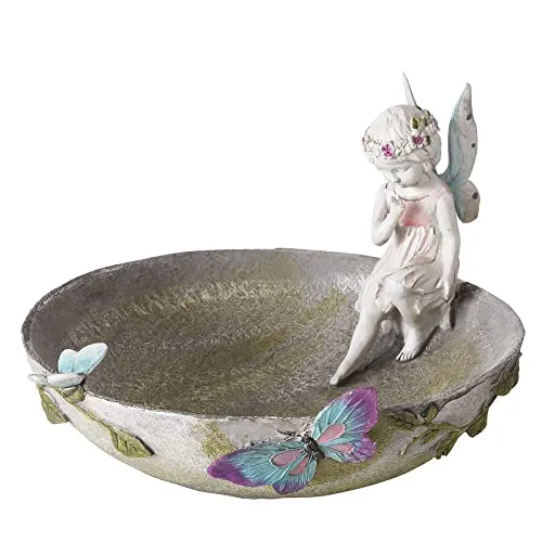 Boltze Gruppe Vogeltränke Elfe Vogelbad Gartendeko Schmetterling bunt Tränkebecken Vögel Außen, Kunstharz grau, DxH 25x18