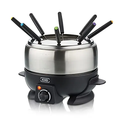 KHG Elektro-Fondue FO-800SE - 1,8 L für 8 Personen - Elektrisches Fondue für bis zu 8 Personen mit 1,8 L Edelstahl-Topf, variabler Temperatureinstellung und praktischem Spritzschutz für unbeschwerte Fondueabende.