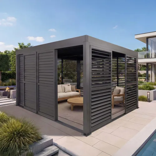 Alu Pergola MCW-L46 - Stilvolle Terrassenüberdachung mit Schiebetüren - Pavillon mit 7 Schiebetüren und drehbarem Lamellendach, ideal für individuellen Sonnen- und Wetterschutz. Extrem robust, sturmfest bis 100 km/h, perfekt für jedes Wetter!