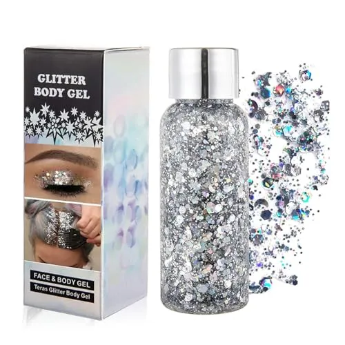 GL-Turelifes Chunky Face Body Glitter Gel Festival Meerjungfrau Haar Pailletten Kosmetik Sparkling Nails Glitter Make-up Langlebig 30g (#02 Silber)