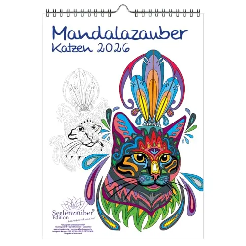 DIY Mandalazauber Katzen Ausmalkalender DIN A4 Kalender für 2026 Mandala Zeichnen Malen - Seelenzauber