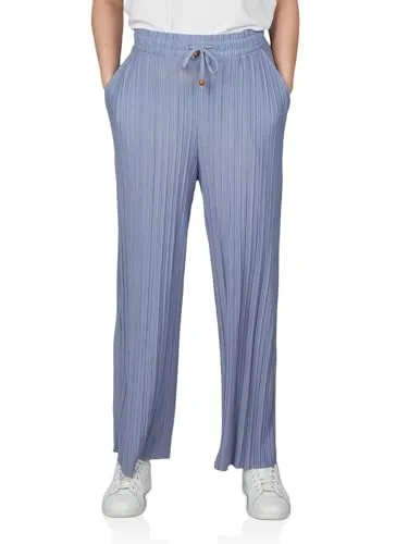 DENIMFY Palazzo Hose Damen Sommer 7/8 Culotte DFBrenda Hohe Taille Weites Bein Sommerhose Stoffhose Knöchellang Elastische Taille Taschen Einfarbig, Größe:XL, Farben:Rainy Blue