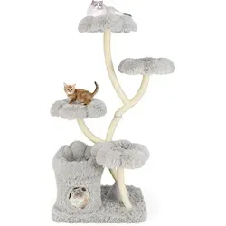 GOPLUS 165 cm Kratzbaum mit Blumenplattformen & Katzenbett - Grau - Multifunktionaler Katzenbaum mit 4 blumenförmigen Plattformen und einer gemütlichen Höhle. Ideal für Kletter- und Ruhevergnügen, schützt Möbel durch langlebige Sisal-Kratzsäulen und bietet Komfort mit weichem Plüschbezug.