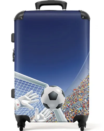 NoBoringSuitcases.com© Kinderkoffer Fußball - Torwart - Stadion - Trolley für Kinder, 67 cm groß, mit 72 L Volumen und 4 wendigen Rollen. Ideal für kleine Fußballfans, wasserabweisend und mit TSA-Zahlenschloss für sicheren Transport.