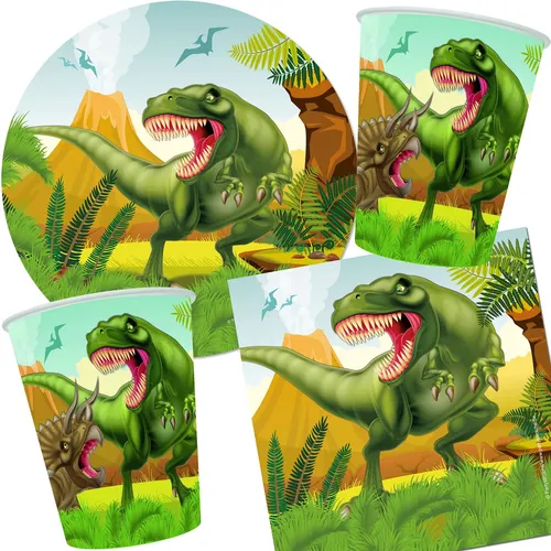 Partyset DINO + T-REX mit Teller Becher Servietten Diosaurier Kindergeburtstag