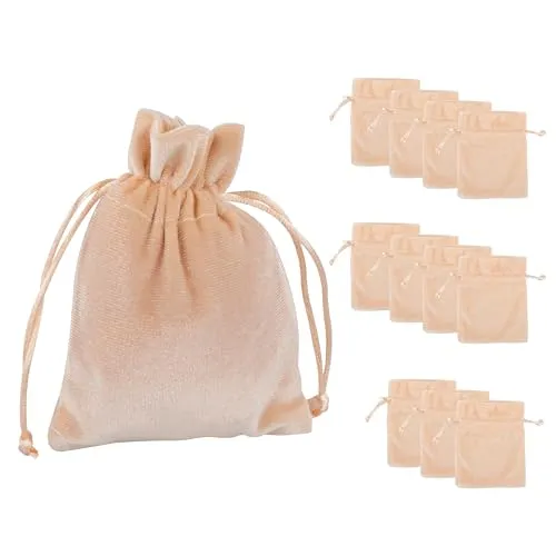 Idena 90426 - Stoffbeutel ca. 10 x 13 cm, 12 Stück, beige Säckchen aus Samt, Geschenkbeutel mit Kordel