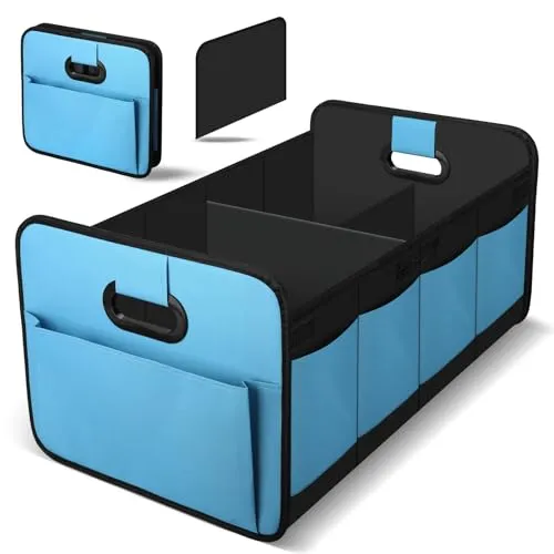 HIAHXC Kofferraum Organizer Auto, Faltbare Kofferraumtasche mit Fächern & Tragegriff,Geräumige Aufbewahrungsbox,Kofferraumtasche für Einkaufen, Camping & Auto Zubehör (Blau)
