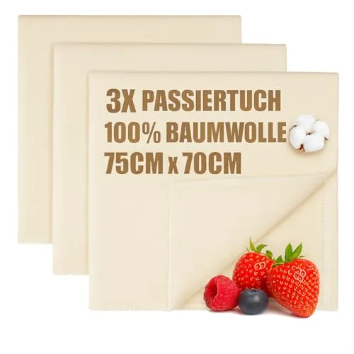 com-four® 3x Bäckerleinen, Seihtuch, Passiertuch, Knödeltuch 75 x 70 cm aus 100% Baumwolle - Gewebte Tücher für Teigzubereitung - Reißfest bei hoher Feuchtigkeit - Seiher, Leinentuch, Käsetuch