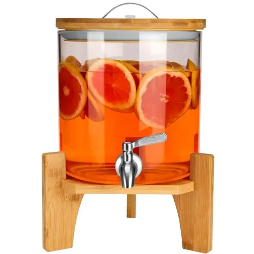 Belle Vous Getränkespender Glas mit Zapfhahn - 5l Bowle Gefäß mit Bambusständer - Karaffen - Eleganter 5l Glas-Getränkespender mit stabilem Bambusständer und Edelstahl-Zapfhahn, ideal für Partys und Veranstaltungen.