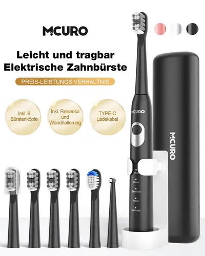 MCURO Elektrische Zahnbürste Schallzahnbürste für Zahnpflege 40000 VPM, 5 Putzmodi, Aufsteckbürsten: 6 St., Reise Zahnbürsten,Timer,TYPE-C aufladbar