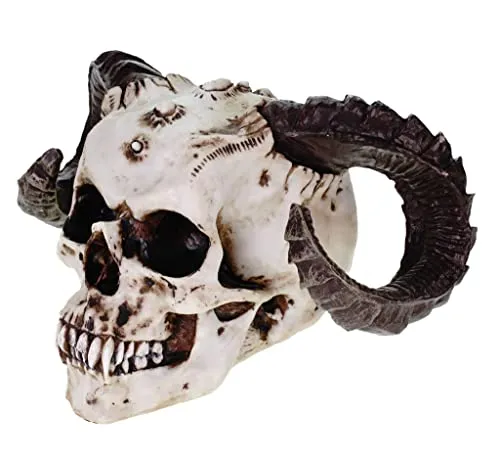 Teufel Schädel von Markus Mayer - Grau, Kunststein - Gothic Kopfskulptur für Halloween, beeindruckende Details und perfekte Bodenmontage, Höhe: 15 cm, ideal für gruselige Dekoration.