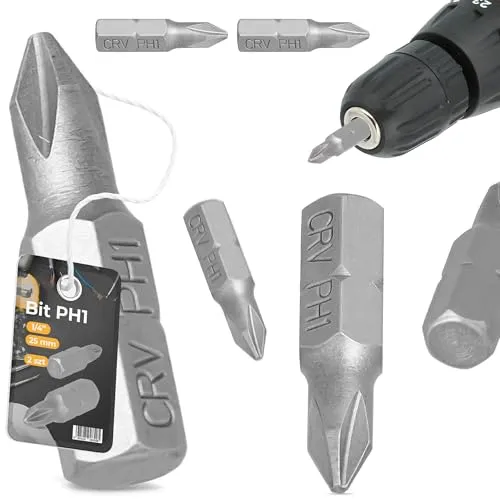 2x Magnetisch Kreuz Bit PH1 25 mm Schraubendreher Phillips 1/4'' Schraubendreherbit Stahl mit Magnetkopf Sechskantschaft Anti-Rutsch Akkuschrauber Schrauber