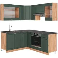 Vicco Winkelküche Fame-Line, Grün-Gold Landhaus - Küchenzeile in L-Form mit großem Stauraum, Soft-Close-Scharniere und stilvollen Metallgriffen für eine moderne Küche.