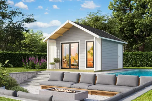 Gartenhaus Blockhaus Murano 1 grau 520x448 cm - Gartenhaus mit 44 mm Wandstärke und Satteldach, ideal für Gartenliebhaber, bietet 15,29 m² Nutzfläche und ist abschließbar für mehr Sicherheit.