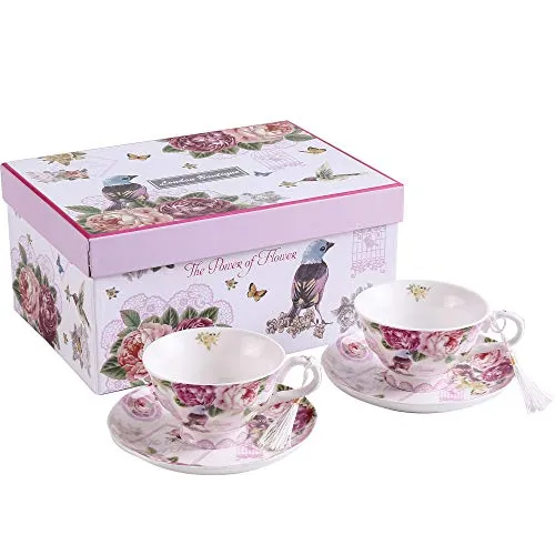 London Boutique Set aus Kaffee-/Teetassen und Untertassen, Shabby Chic, Vintage-Design, Porzellan mit Blumenmuster, 2 Sets in Geschenk-Box, Keramik (Pink Bird Rose)