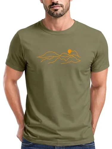 Neverless® Herren T-Shirt Fashion Printshirt aus Baumwolle – Modernes Grafik-Design Outdoor Motiv Line Art Wandern Bergsteigen Army XXL