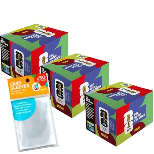 Panini Sammelkarte World Cup 2026 Sticker - 3 Displays mit 300 Tüten - 3 Displays mit je 100 Tüten zur WM 2026 für Sammler und Fans. Jede Tüte enthält 7 Sticker. Inklusive 40 exklusive Sleeves zur sicheren Aufbewahrung. Erlebe die Faszination des größten Fußballereignisses direkt bei dir zu Hause!