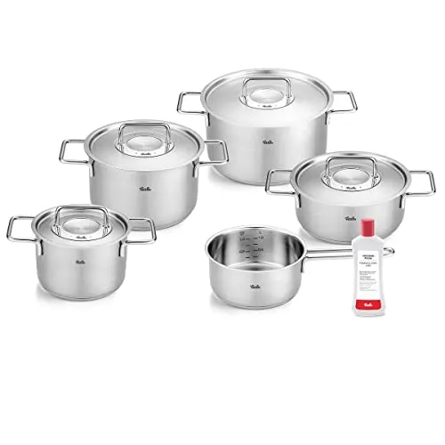 Fissler Pure Collection/Edelstahl-Kochtopfset, 6-teilig, Töpfe mit Metall-Deckel (3 Kochtöpfe,1 Bratentopf 1 Stielkasserolle 1 Edelstahlpflege) - Induktion, Silber