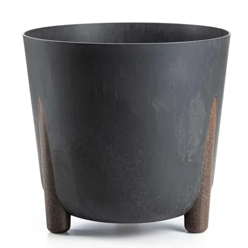 HowHomely Schwarz Blumentopf Kunststoff mit Braunen Füßen | ECO Pflanzschalen Ø 34,1 x H 32 cm | Leichter und Stabiler Blumenübertopf für Indoor oder Balkon und Terrasse | Beton-Optik Übertopf