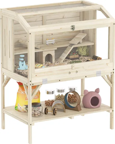 PawHut Hamsterkäfig aus Holz mit 2 Etagen und Spielzubehör von PawHut