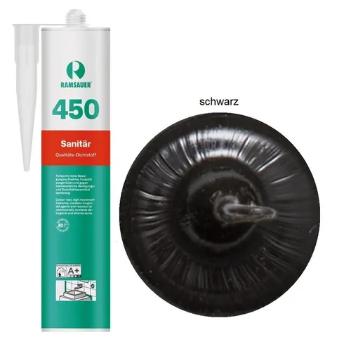Ramsauer Dichtstoff Ramsauer 450 Sanitär 1K Silikon Dichtstoff 310ml Kartusche schwarz, gebrauchsfertig, chemisch widerstandsfähig, schnellhärtend, UV-beständig, pilzhemmend