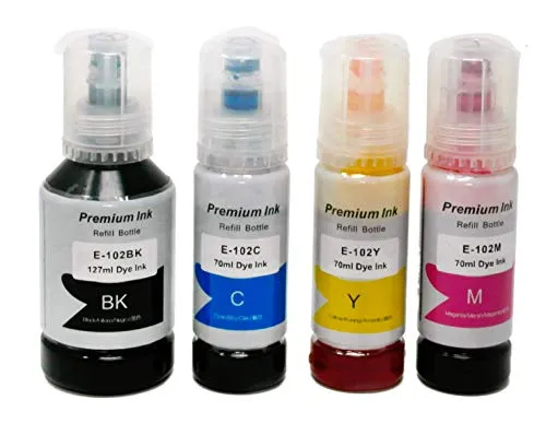 OBV 4X kompatibler Tintentank als Ersatz für Epson 102 für Epson EcoTank ET-2751 ET-2756 ET-2700 ET-2750 ET-3700 ET-3750 ET-4750 schwarz 127ml (7500 Seiten) / farbig je 70ml (6000 Seiten)