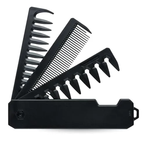Tragbarer Klappkamm für Herren | 3-in-1 Haarkamm mit Feinzahn- & Breitzahnkamm | Tägliche Bartpflege, Haare- & Schnurrbartstyling | Kompakt & Reisetauglich (Schwarz) (Tragbarer Klappkamm)