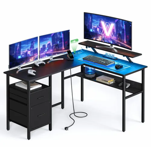 VASAGLE L-förmiger Schreibtisch mit Steckdosen und LED-Beleuchtung - Vielseitiger Schreibtisch für Arbeit und Gaming, mit 20 einstellbaren LED-Farben und 4 Steckdosen für maximale Produktivität.