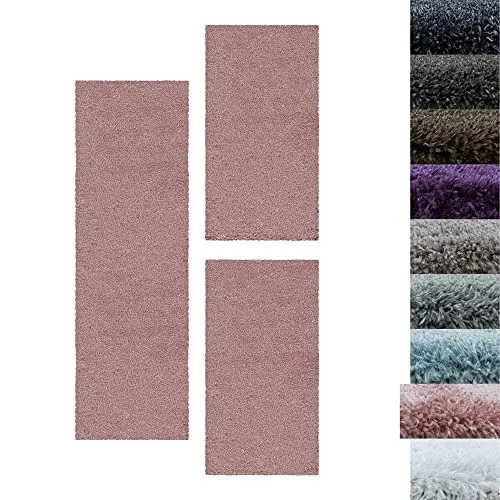 SIMPEX Bettumrandung Schlafzimmer 3teilig Shaggy Hochflor Teppich Rose Bettset: 2 mal 60x110 + 1 mal 80x150