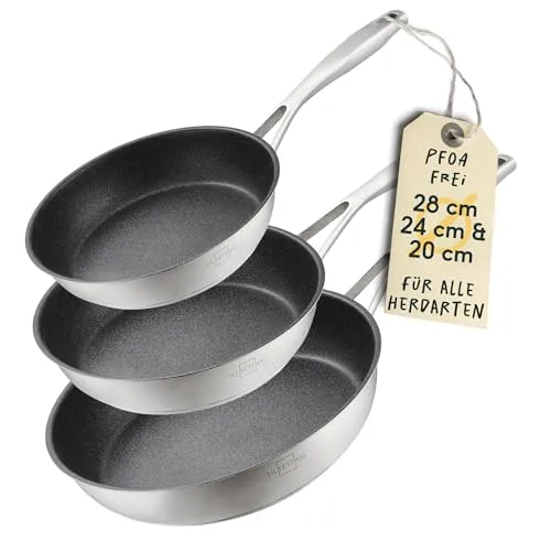 SILBERTHAL Bratpfanne 3er Set - 3-teiliges Pfannenset aus Edelstahl mit Antihaftbeschichtung, ideal für alle Herdarten und backofenfest bis 250 °C. Perfekt für vielseitiges Kochen!