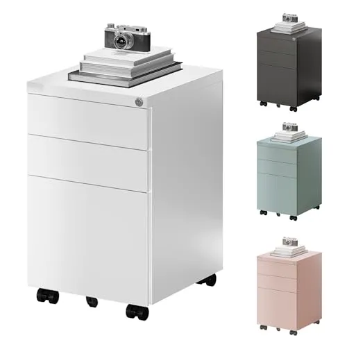 Produktbild FLEXISPOT Rollcontainer mit 3 Schubladen, mobiler Aktenschrank mit Rollen, Schubladenschrank Büroschrank Schreibtisch Unterschrank mit Schlüsselschloss und Anti Kipp für Büro Zuhause, Weiß