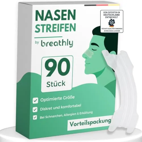 breathly® Nasenpflaster Transparent | Extra starker Halt | 90x Nose Strips | Gegen Schnarchen - verbessert die Schlafqualität | Für bessere Atmung bei verstopfter Nase | Premium Nasenstrips