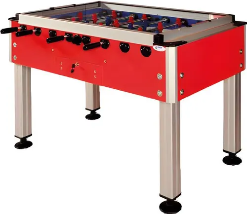 Professioneller roter Tischkicker aus Aluminium und MDF Holz - Profi-Tischfußball für spannende Spiele mit Familie und Freunden. Robuste Bauweise aus Aluminium und Holz, mit Glasabdeckung für zusätzlichen Spielspaß.