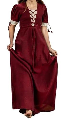 Leonardo Carbone® Damen Kleid Sommerkleid | V-Ausschnitt Mit Schnürung | Weit Schwingender Rock | Karneval, Halloween, Cosplay, LARP, Mittelalter, Wikinger | 100% Baumwolle Rot/Natur L