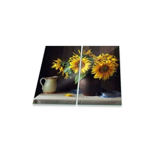 Herdabdeckplatte Abdeckung Ceranfeld Abdeckplatte Schneidebrett 2-Teilig 60x52 Sonnenblume Schwarz Gelb Spritzschutz Glasplatte Ceranfeldabdeckung Herdschutz Sicherheitsglas Glasschneidebrett 2x30x52