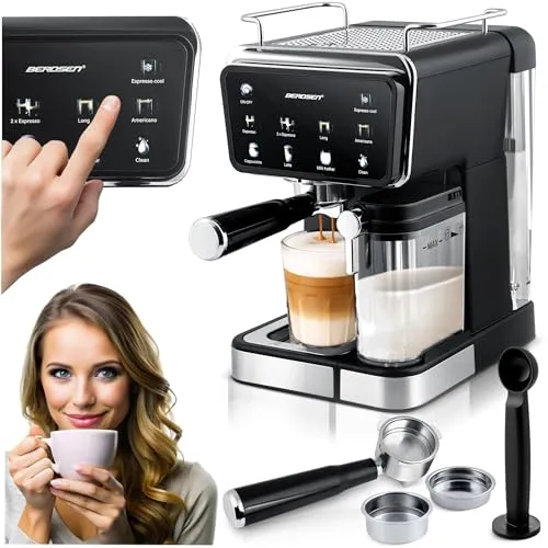 Berdsen Kaffeemaschine - 20 bar 1350W - Espressomaschine Siebträgermaschine - Milchaufschäumer - Selbstreinigung - Edelstahl Schwarz Matt
