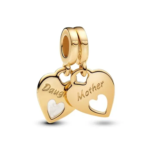 PANDORA Moments Doppeltes Herz Charm-Anhänger - Sterling Silber mit vergoldeter Metalllegierung, für ewige Verbindungen von Mutter und Tochter