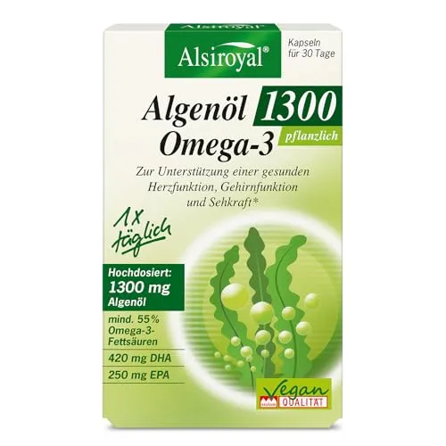 Alsiroyal Algenöl 1300 – Hochdosiertes Omega-3 für Herz, Gehirn & Sehkraft - Omega-3 Öl: Vegane Algenöl-Kapseln mit 1300 mg pro Tagesdosis, unterstützen nachhaltig Herzfunktion, Konzentration und Sehkraft.