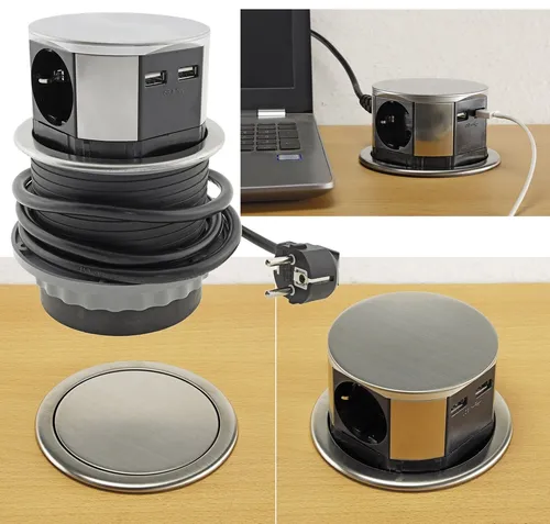 CT22605 Schreibtisch-Einbausteckdose 3x + 2xUSB versenkbar, Edelstahl-Ausführung