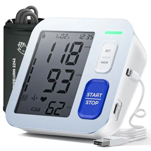 Aidisy Blood Pressure Monitor, Blutdruckmessgerät Oberarm mit Hochauflösende LCD-Anzeige, für Oberarmumfänge von 22-42 CM, Speicherung von zwei Benutzern 2 x 99, AA-Batterie/Typ-C-Ladekabel