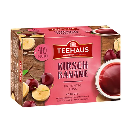 Teehaus Kirsch Banane Früchtetee 90g - Früchteteemischung mit köstlichem Kirsch-Bananen-Aroma, ideal für entspannte Teestunden. Genießen Sie den fruchtigen Geschmack und die Vielfalt der Aromen.