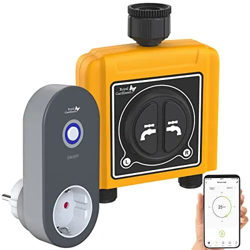 Royal Gardineer WLAN-Bewässerungsventil: Smart Bewässerungscomputer mit Dual-Zonen - Bewässerungsregler für bis zu 2 Zonen, steuerbar via kostenloser ELESION-App. Ideal für automatische Pflanzenbewässerung, auch während Abwesenheit. Kompatibel mit Alexa und Smart-Home-Systemen.