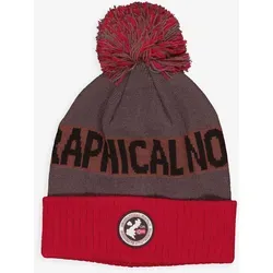 Dunkelgrau-rote Mütze mit Logo und Bommel